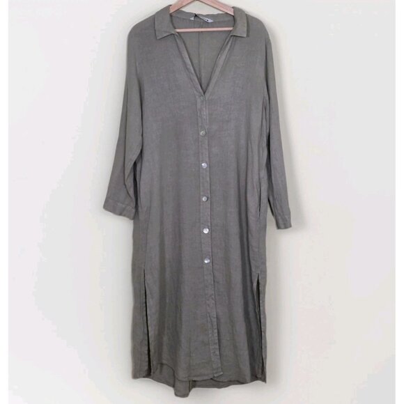 Zara Shirt Dress L Khaki Green Linen LS Roll Up Tab Slits Buttons Coastal Boho - Picture 15 of 16